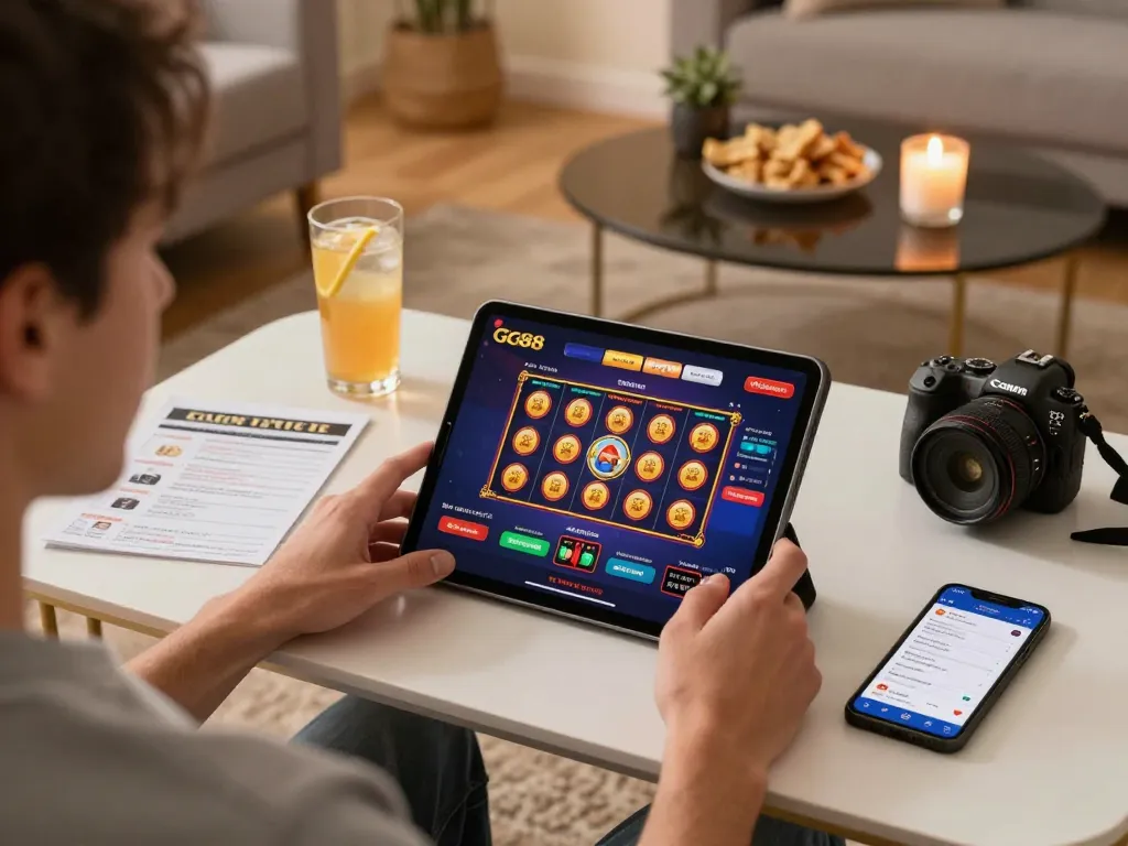 Player engaging with GG88's online casino interface on a tablet while enjoying a cozy home atmosphere.