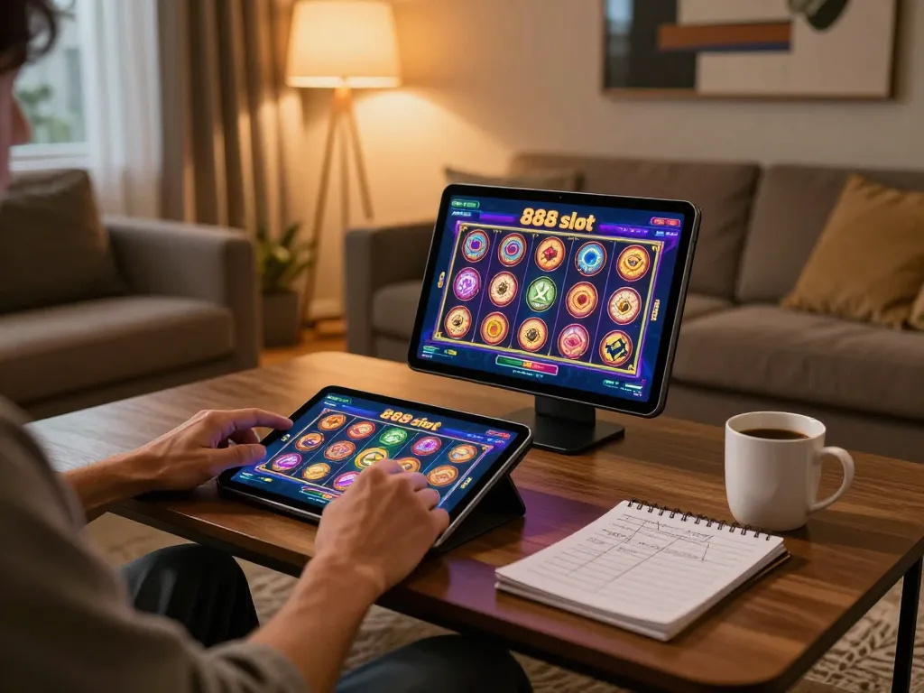 Player strategizing on 888slot com while enjoying a cozy home environment, showcasing responsible gaming