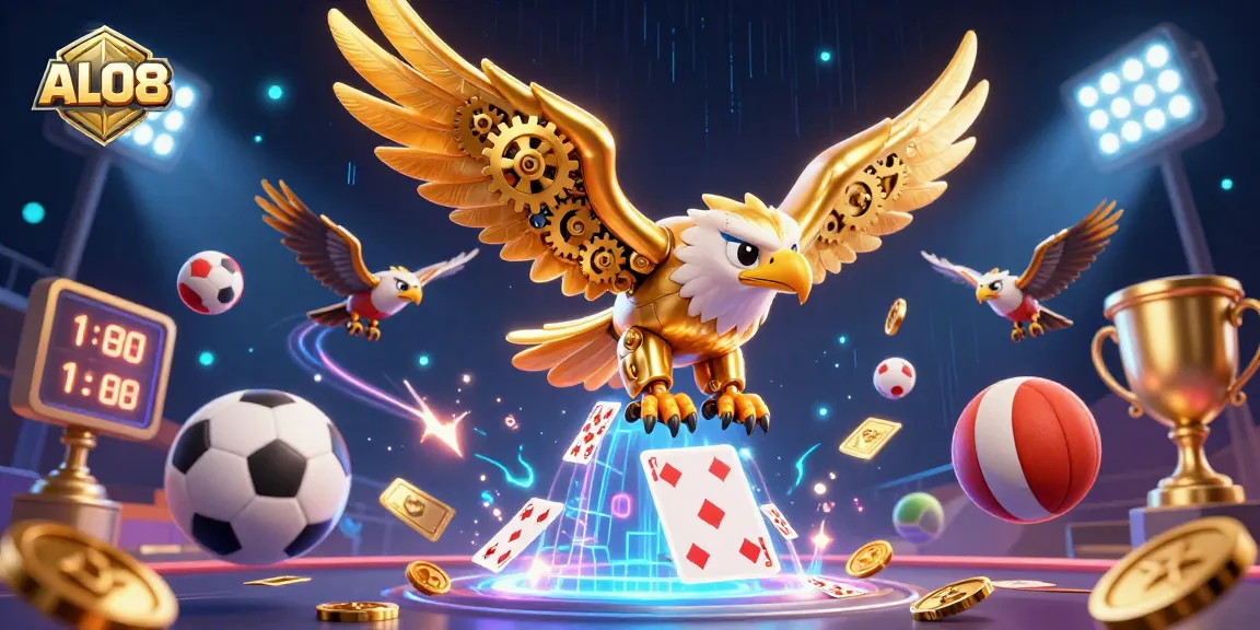 Experience thrilling gaming at ALO8 with a dynamic 3D illustration of an eagle soaring through holographic cards.