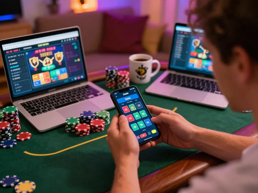 Player utilizing the zowin app on a smartphone during an engaging online casino session, showcasing strategic gameplay with poker chips