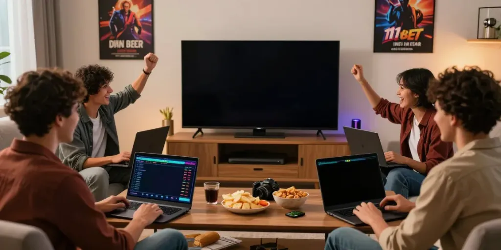 A lively group enjoying a thrilling betting night with 11 bet in a cozy living room.