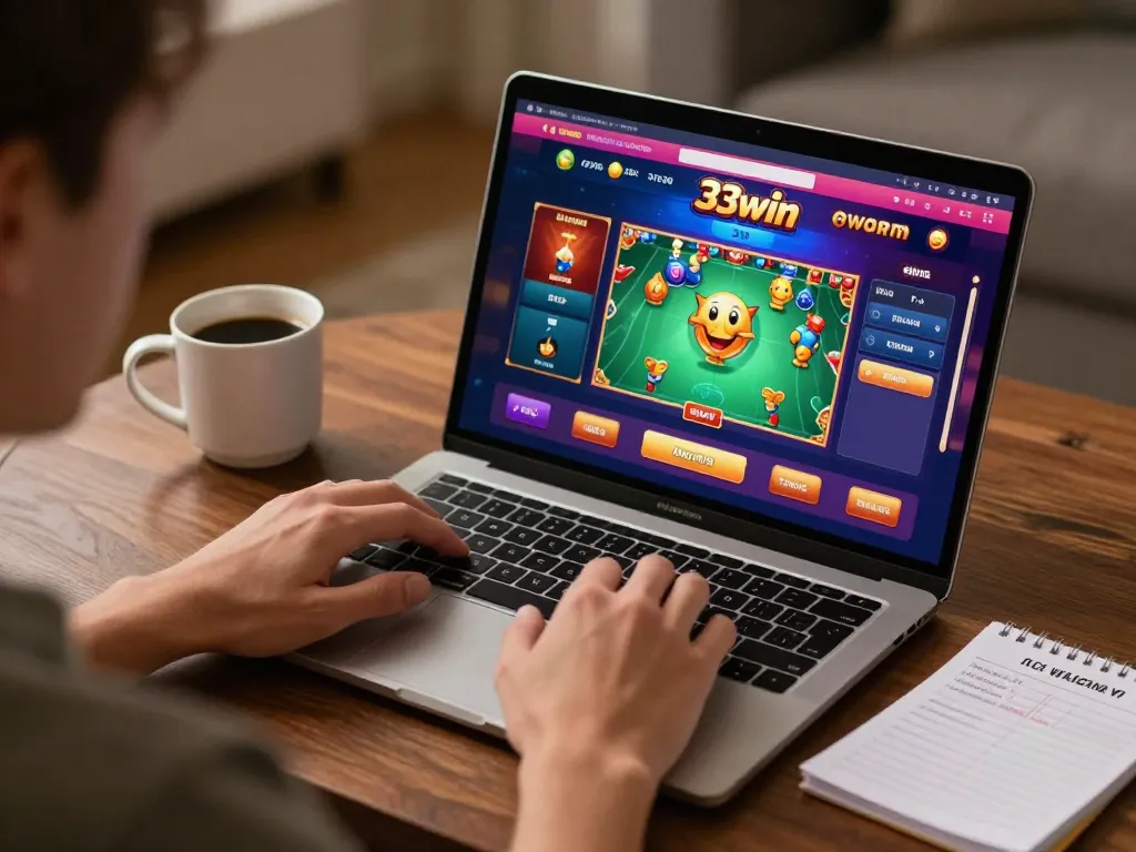 Player enjoying a thrilling session at 33win online casino on a laptop, immersed in gaming.