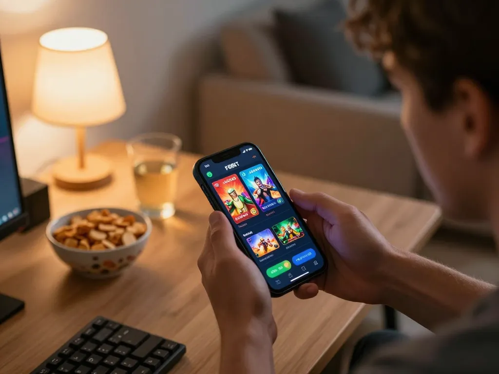 F8BET player enjoying mobile casino gaming experience with smartphone interface in cozy home setting.