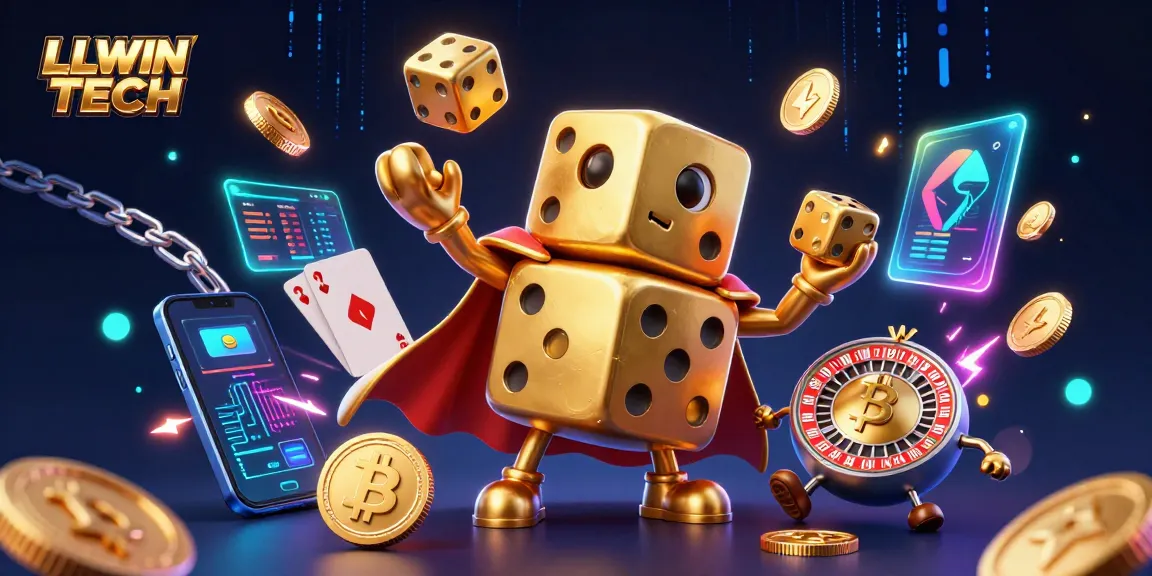 Game and win with LLWIN TECH in a vibrant casino-themed 3D illustration packed with action and elements.