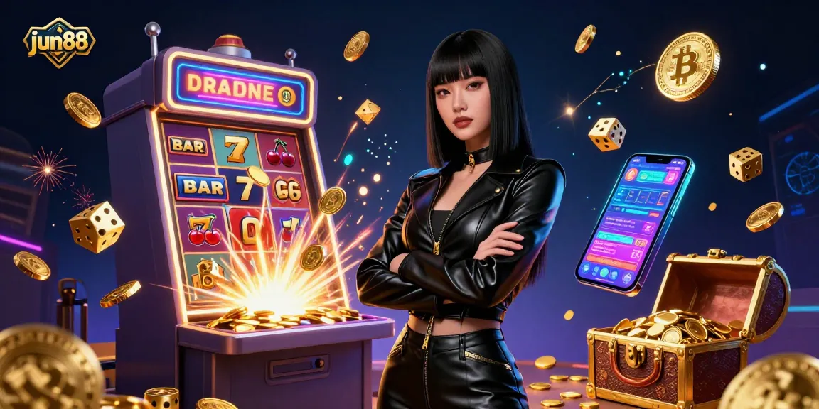 Experience thrilling gameplay at jun88 with a stunning Asian woman amidst explosive wins in a futuristic casino.