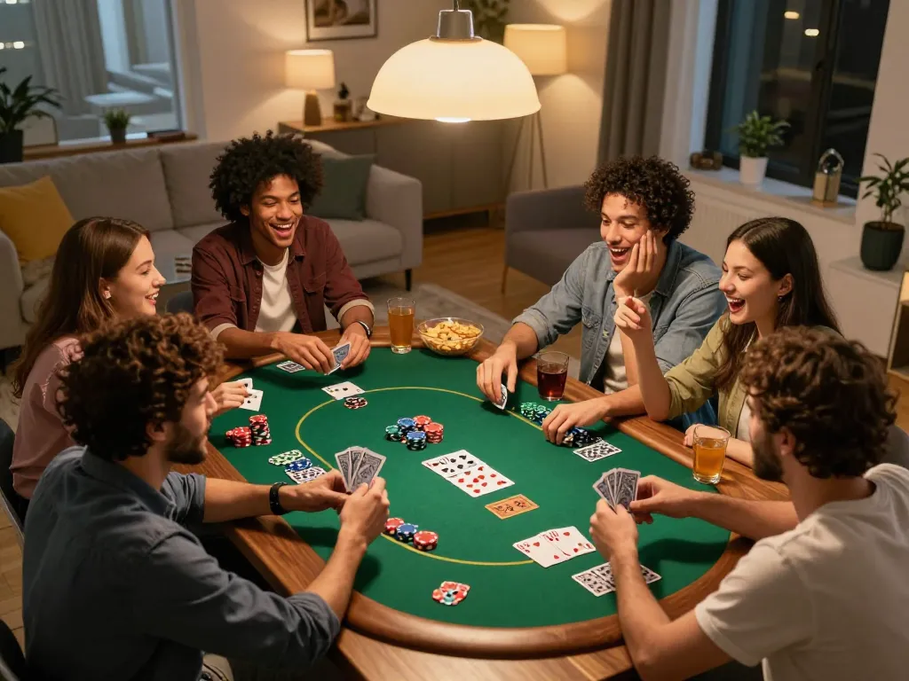 MM88 players engaging in a lively home poker night with excitement and camaraderie.
