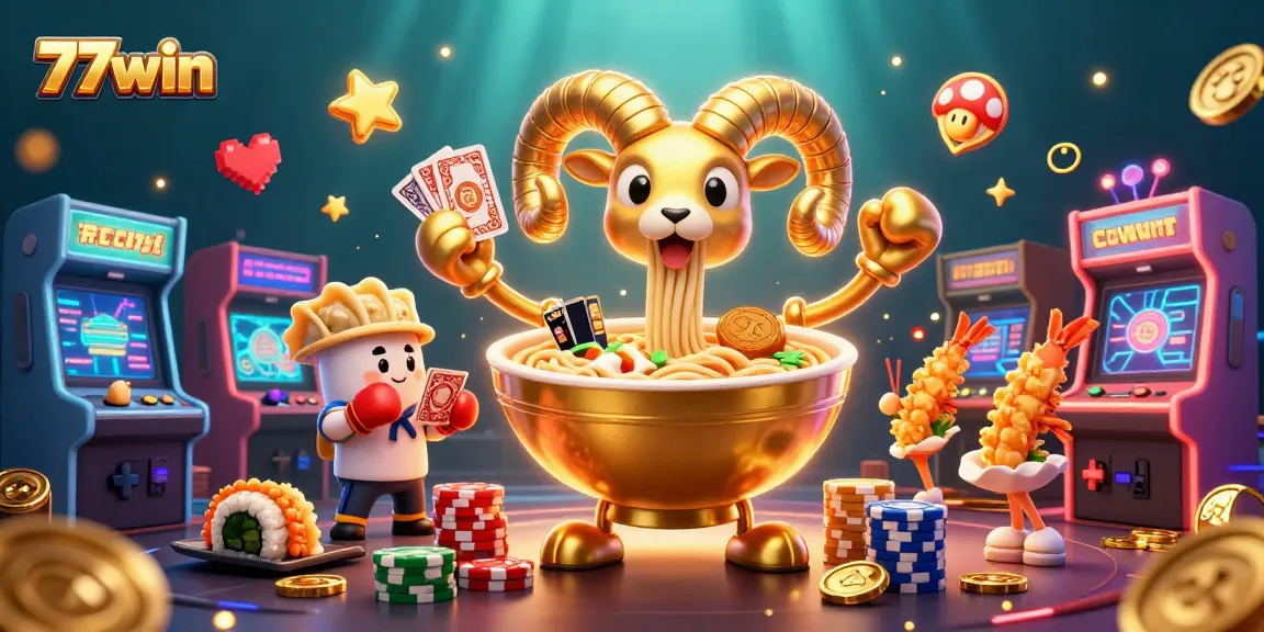 77win's dynamic casino scene features a giant golden ramen bowl dealer, vibrant arcade elements, and lively characters.