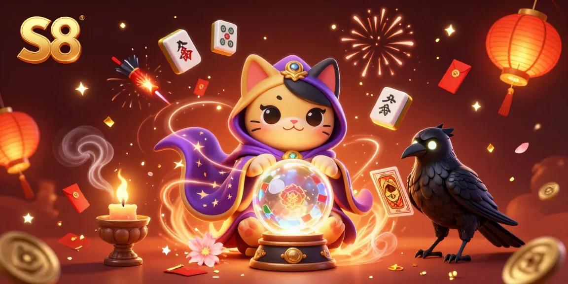 S8 showcases a mystical gaming scene featuring a fortune teller cat, raven, and casino elements for an enchanting experience.