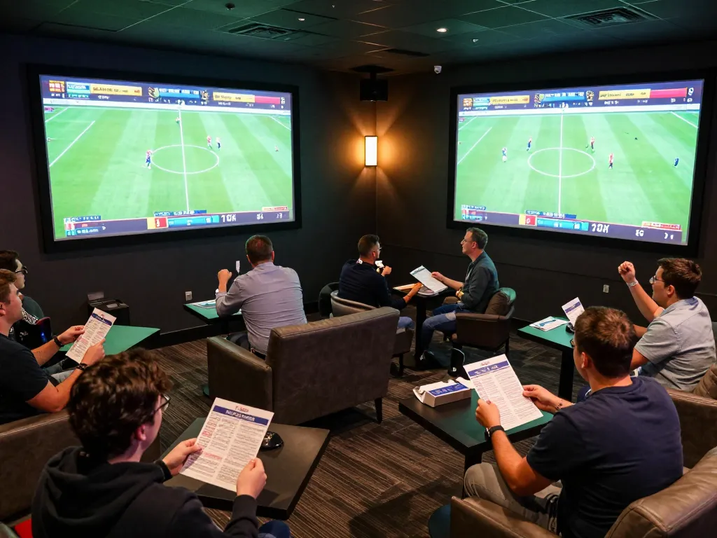 Exciting sports betting lounge scene showing kèo bóng đá hôm nay in action with fans cheering and screens displaying matches.