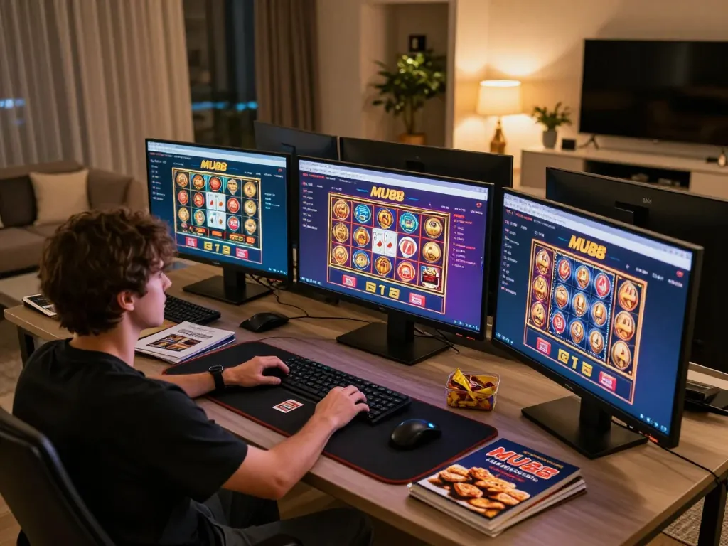 Engaged gamer enjoying MU88 online slots and card games in a cozy home setup