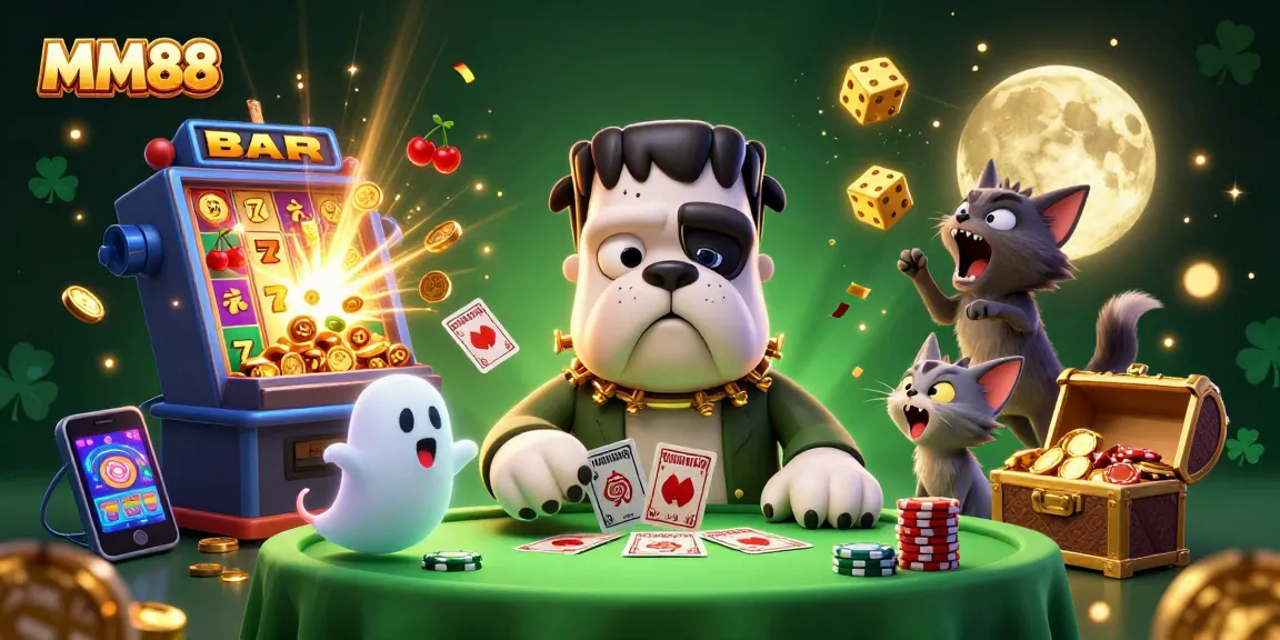 Experience thrilling slots at MM88 with a vibrant 3D illustration of a Frankenstein bulldog dealer and exciting jackpot scenes.