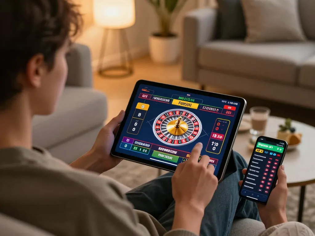 Engaging online gaming moment featuring 68win roulette action on a tablet, promoting responsible play.