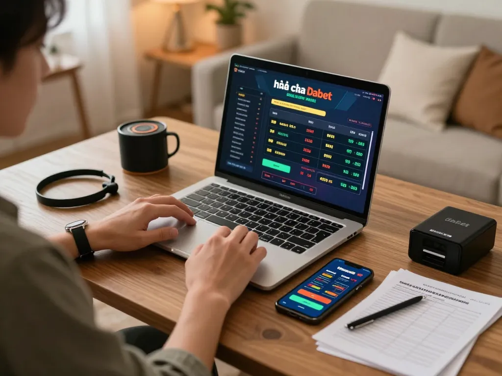 Engaged user exploring odds and betting on Nhà cái Dabet at a stylish home setup with laptop and notes