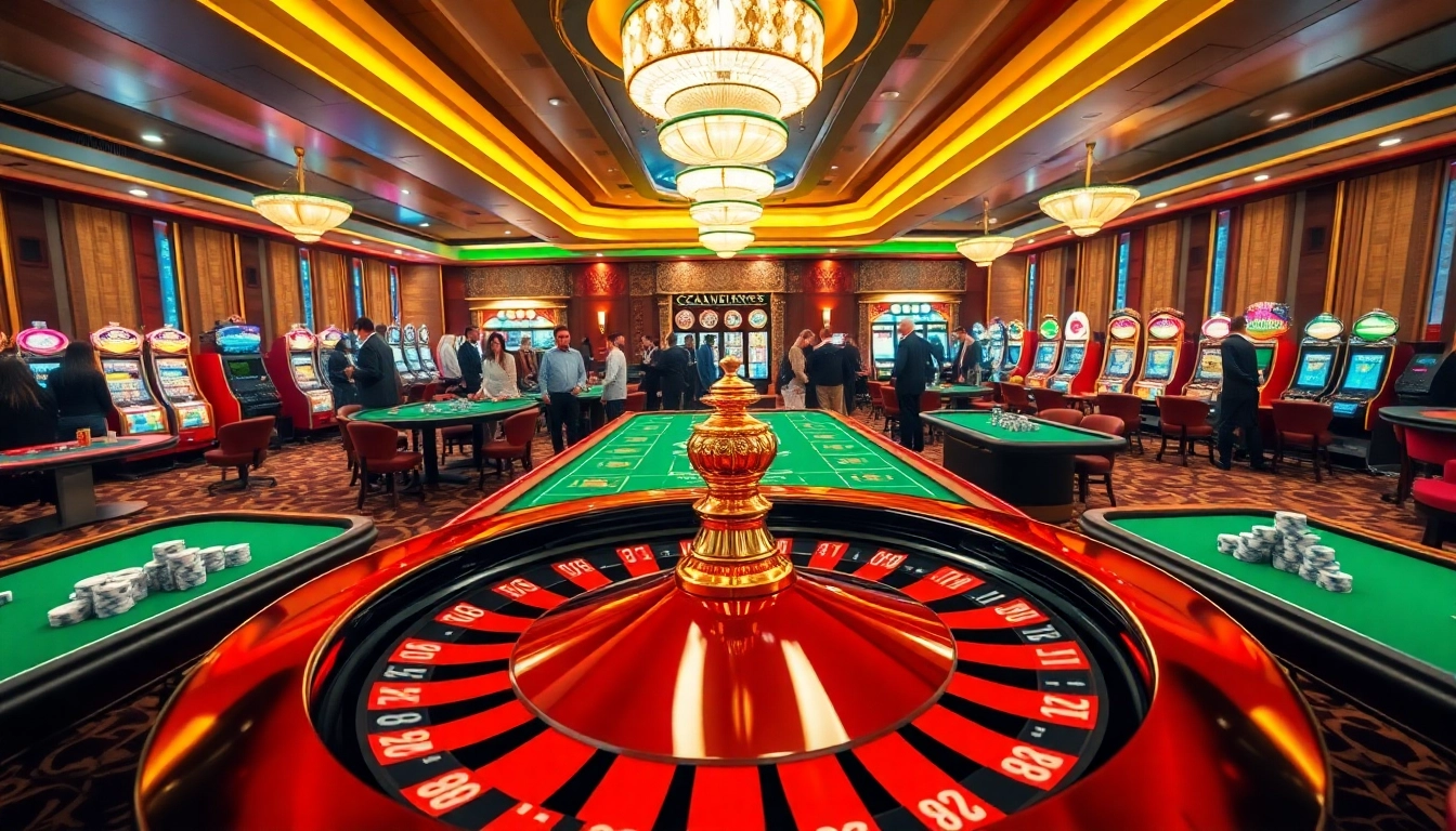 Experience the excitement of 8kbet with a vibrant casino scene featuring roulette, poker, and lively players.