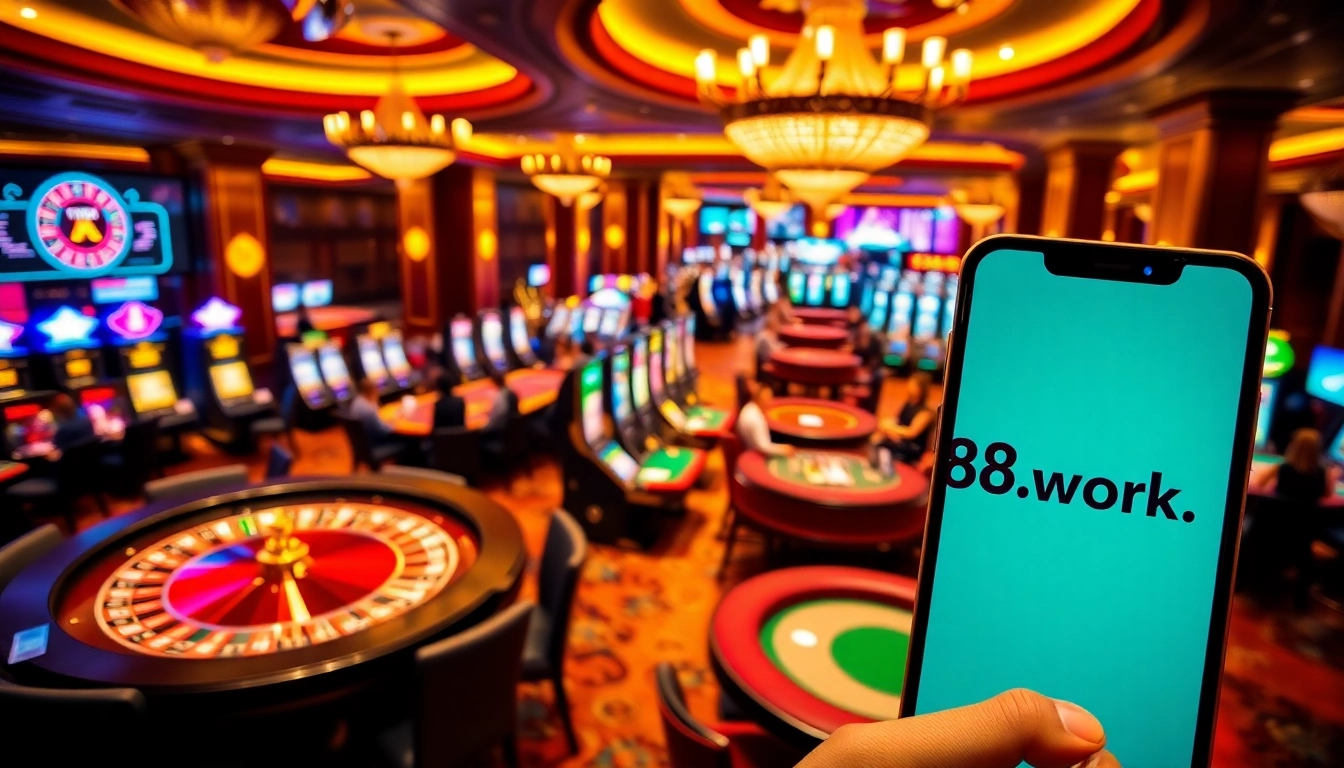 An engaging casino scene with players enjoying games at https://tr88.work/, featuring roulette wheels and poker tables.