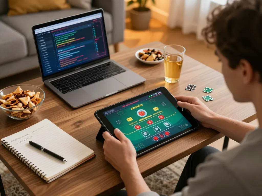 SX88 player engaging in a live dealer game on a tablet in a cozy home setting, emphasizing strategic online gambling.