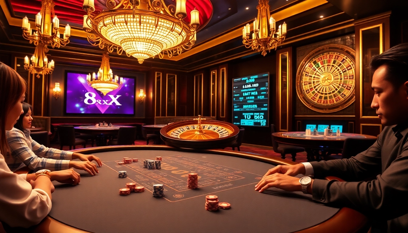 Experience thrilling poker action at 8XX casino with vibrant chips and luxurious tables.