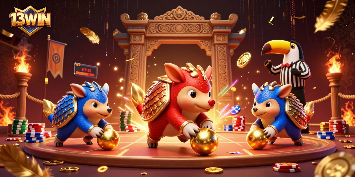 Engage with dynamic gambling action at 13WIN, where rival pangolins battle amidst poker chips.