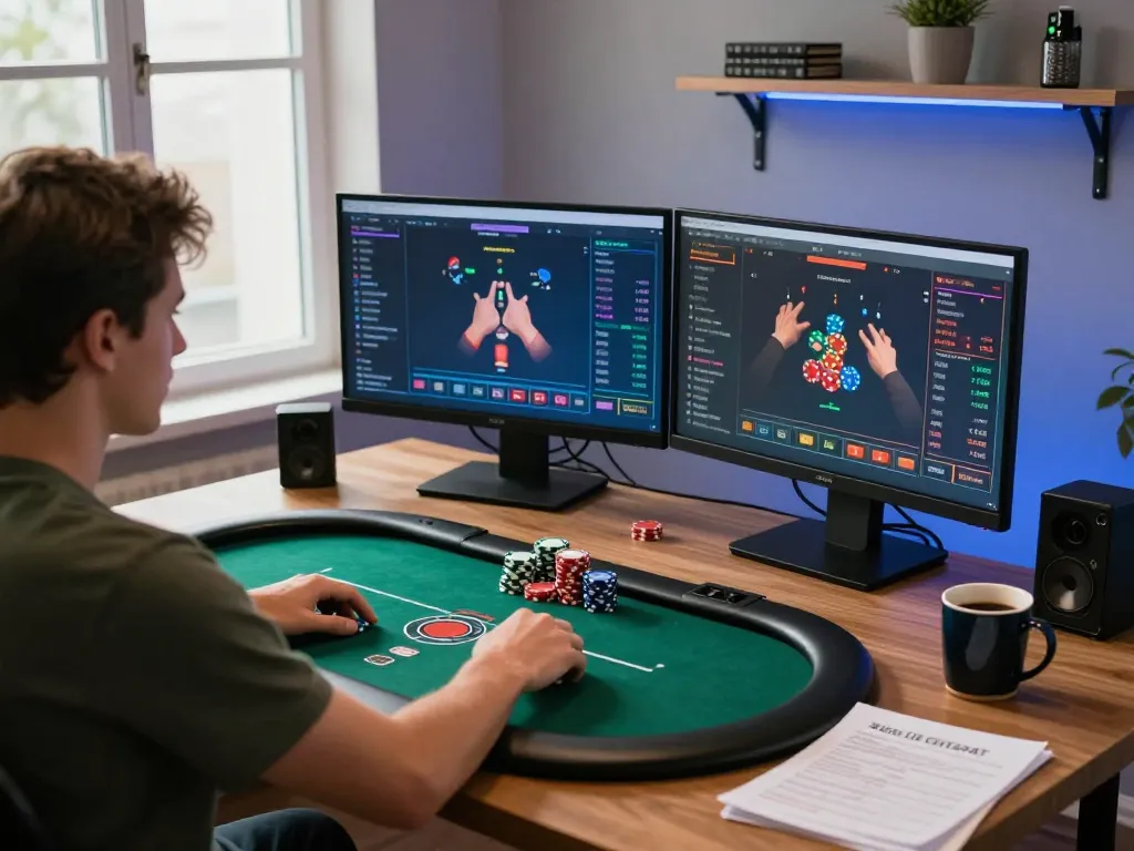 Engaged player strategizing in an online game đổi thưởng setup, showcasing premium poker gameplay.