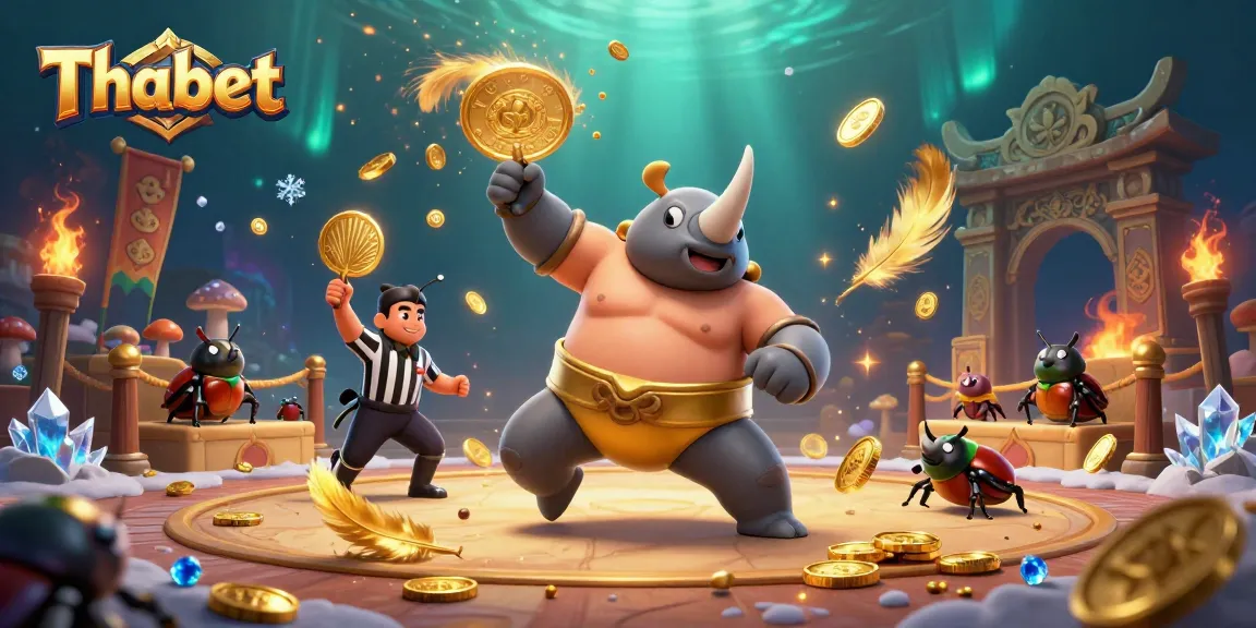 Experience an exhilarating Thabet gaming scene with a beetle champion amidst coins and casino elements.