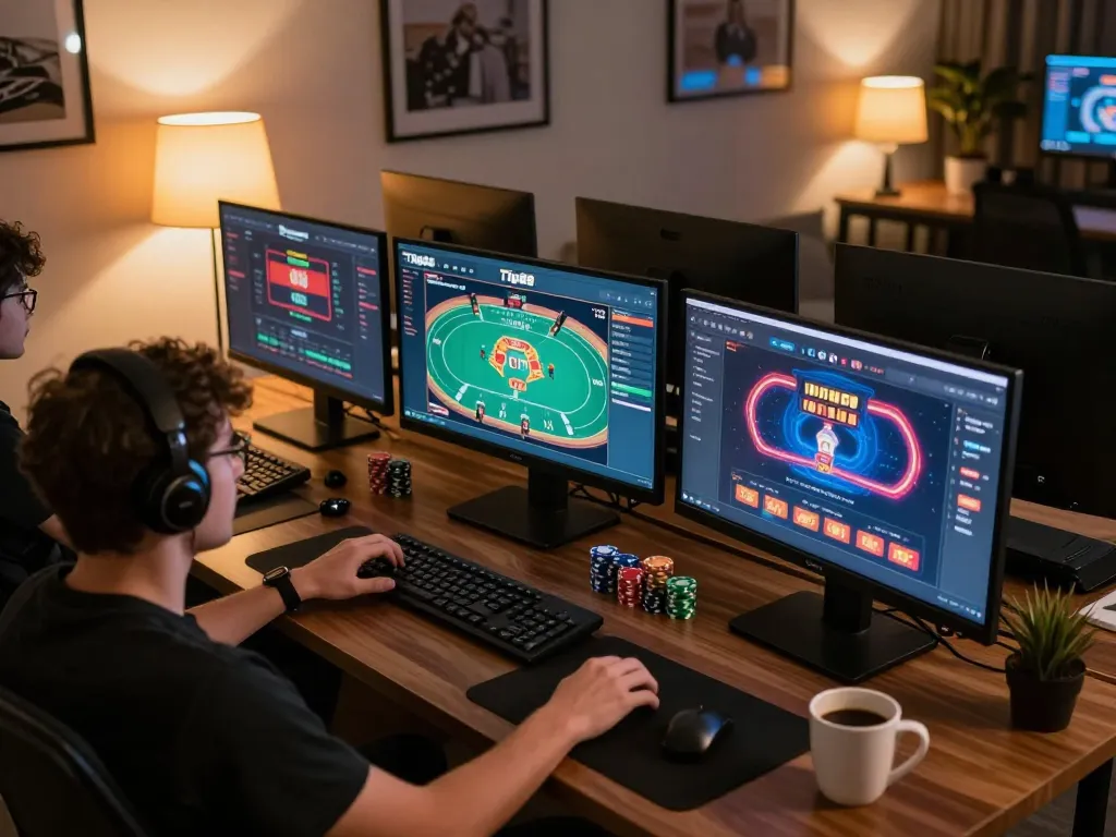 Engaged player exploring online casino games at https://tip88.locker/ with vibrant graphics and chips
