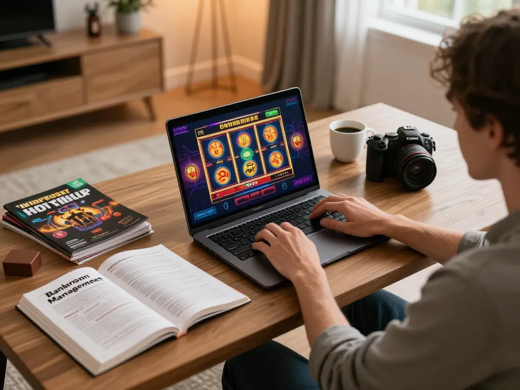 NK88 user placing strategic bets while enjoying online casino games in a cozy home office.