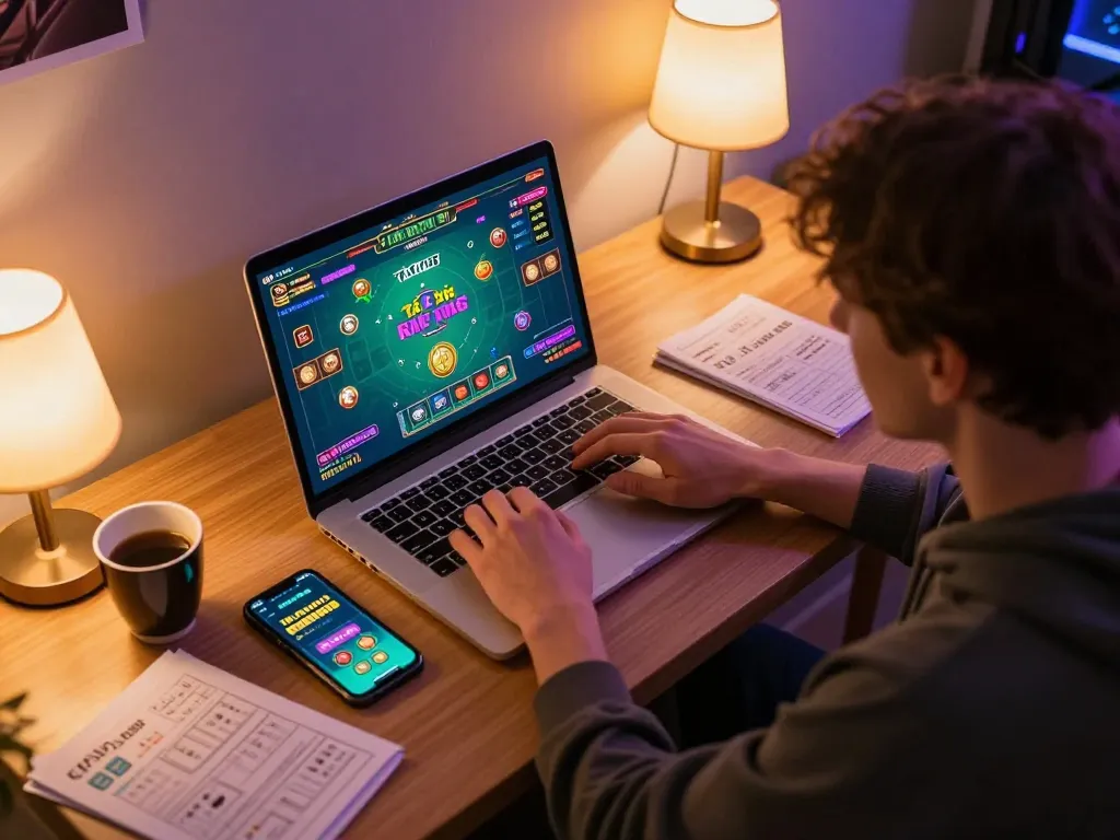Tài xỉu online gameplay scenario on laptop, showcasing engaging betting interface in modern home setup.