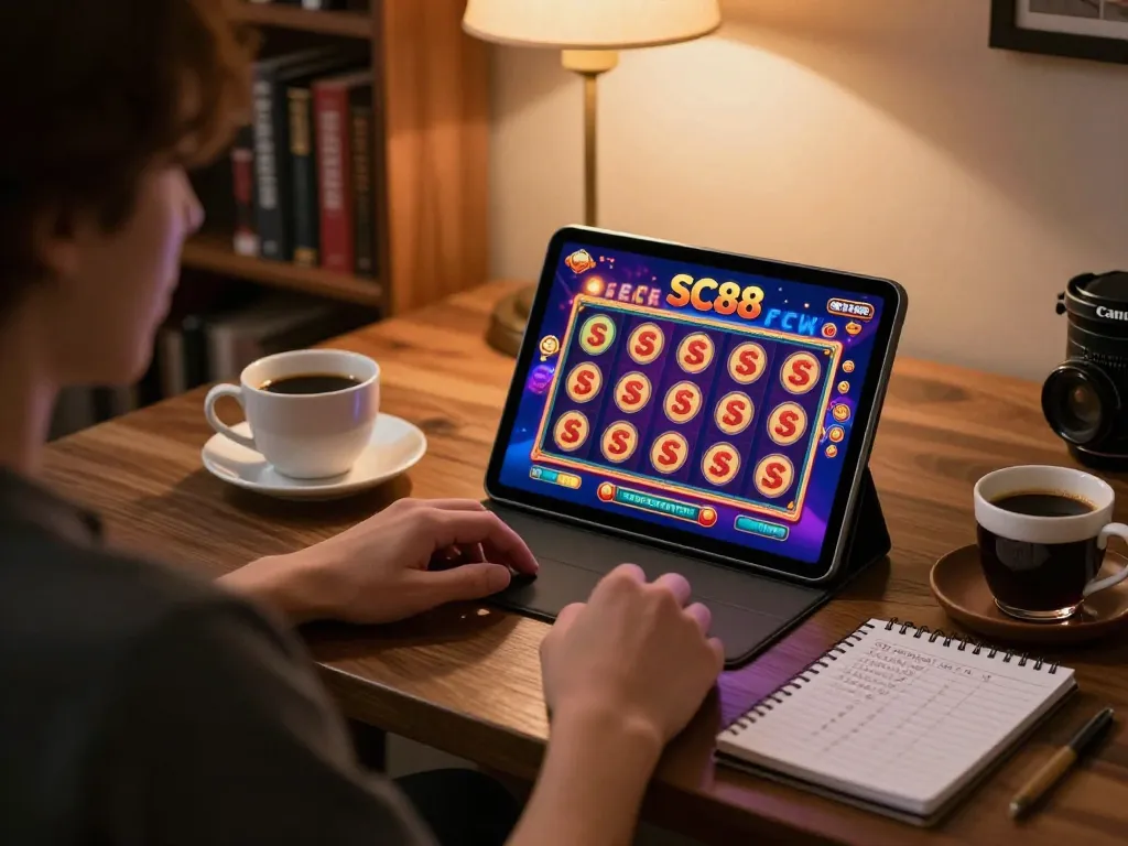 Engaging with SC88 online casino on a tablet, showcasing vibrant slot graphics and a cozy gaming setup.