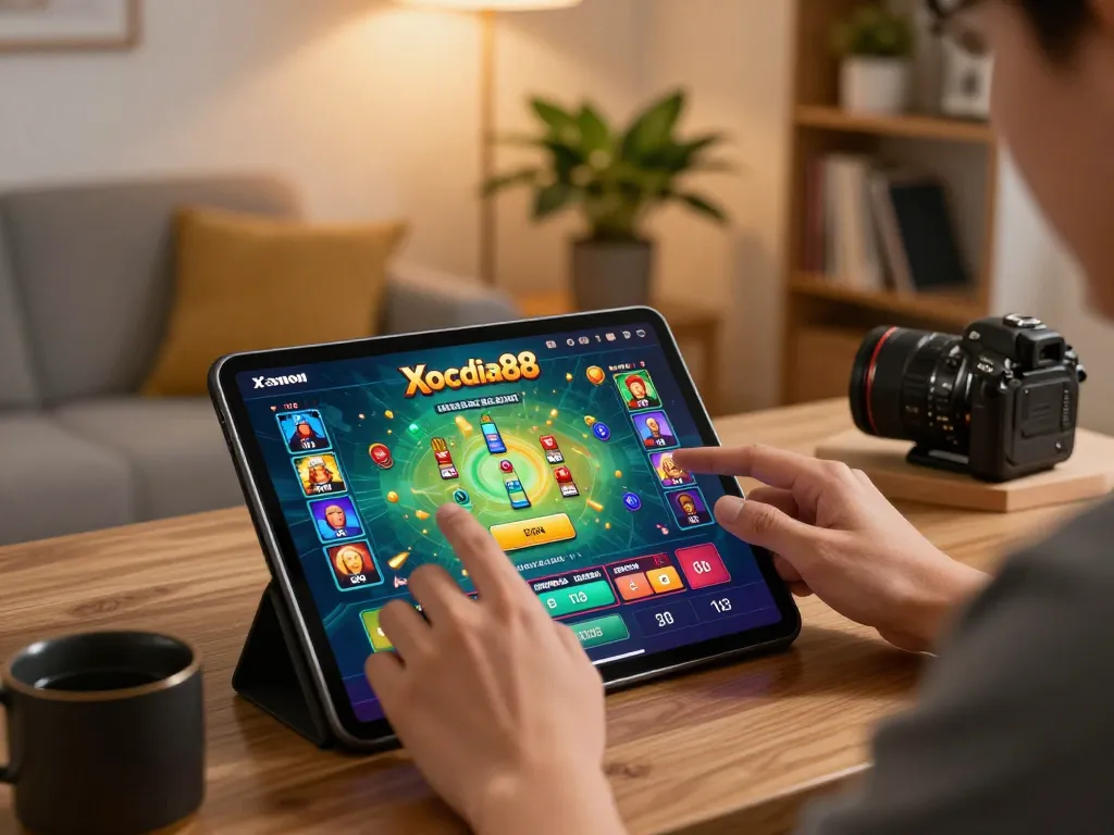 Engaging gameplay on Xocdia88 shown on a tablet in a cozy home environment.