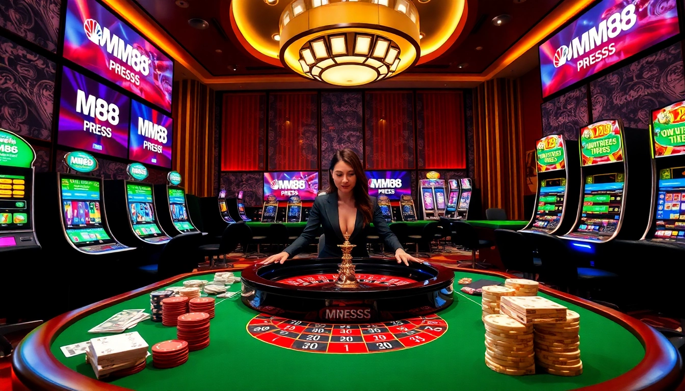 Engaging casino game scene showcasing MM88 PRESS with dealer, poker chips, and vibrant slot machines.