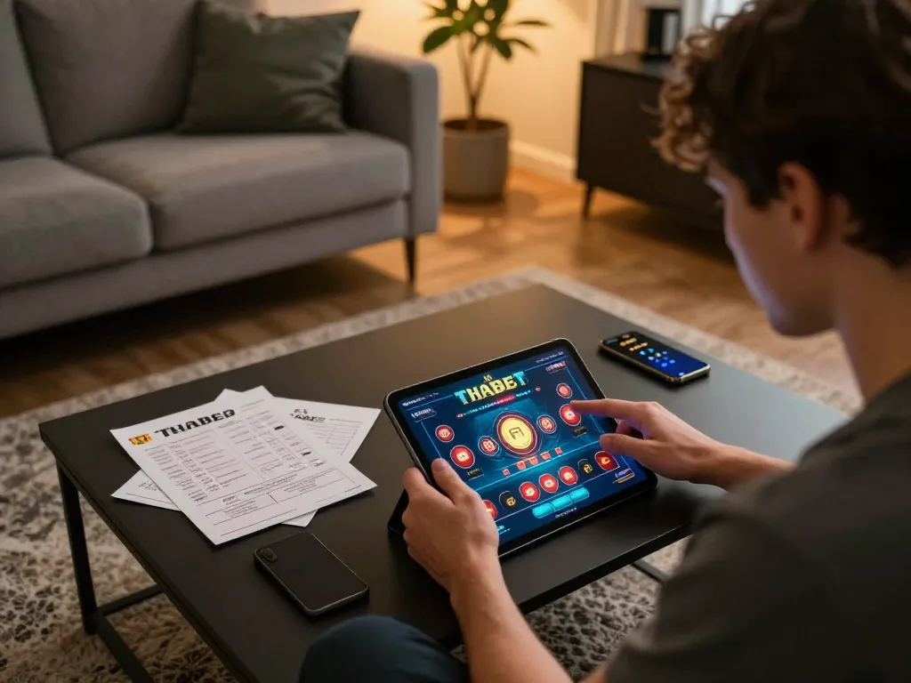 Player exploring Thabet casino app on tablet in a cozy home setting with strategy notes