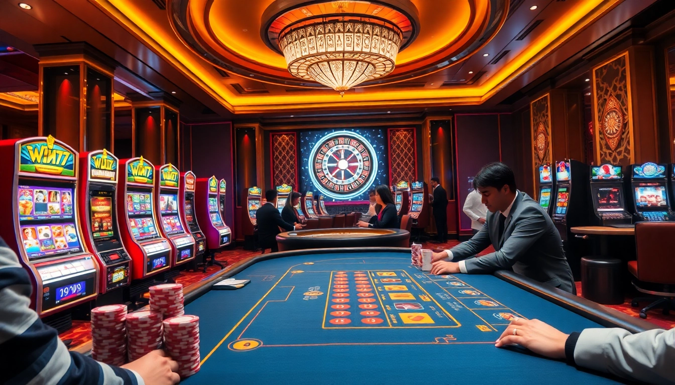 Win79's vibrant casino scene showcasing players at a poker table amidst colorful slot machines and a spinning roulette wheel.