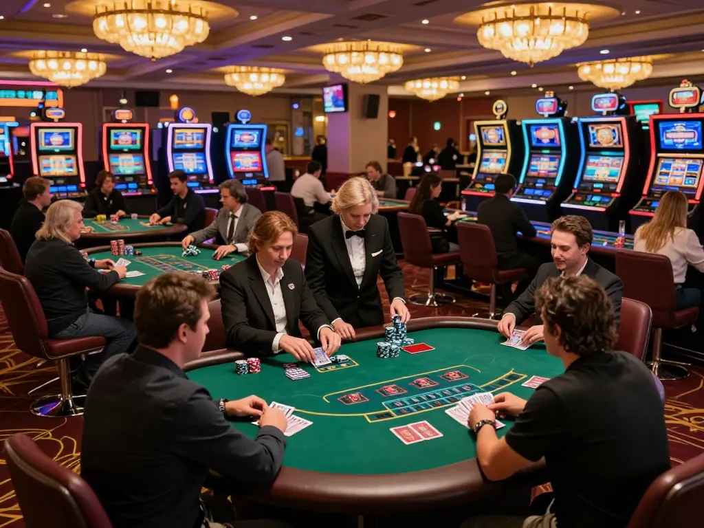 Players enjoying strategic blackjack gameplay at GK88's vibrant casino floor.