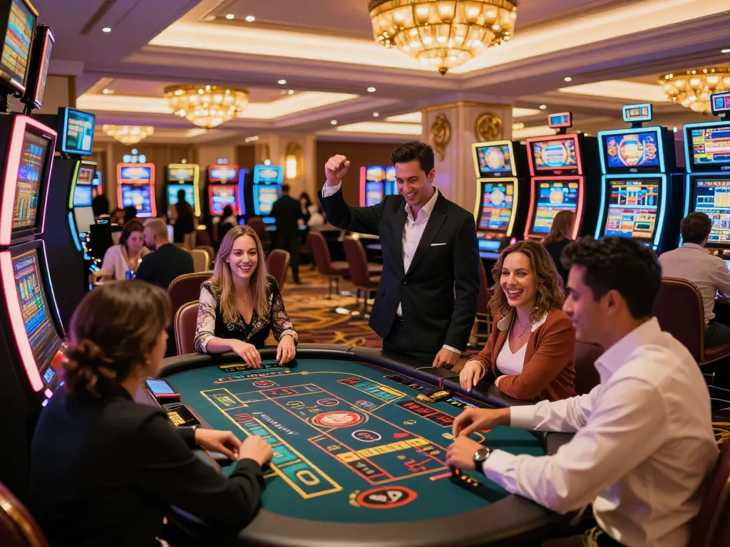 Players enjoying games at the KUWIN casino, vibrant lights, and excitement captured in an engaging atmosphere