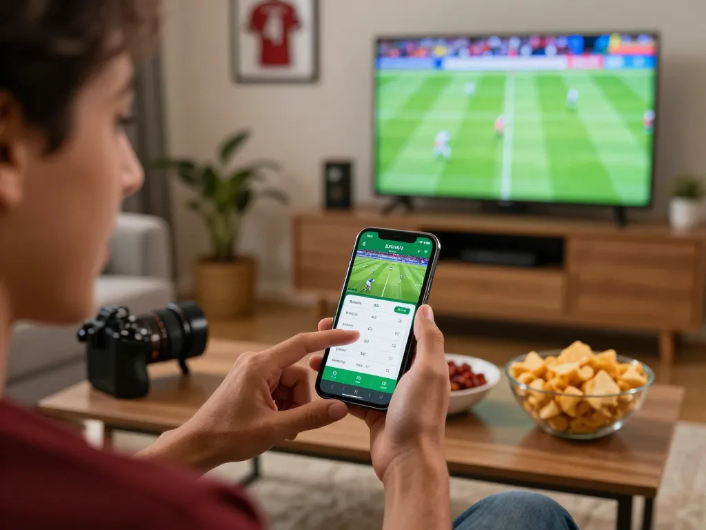 Engaging betting moment on 90Phut TV app in a lively home sports setting
