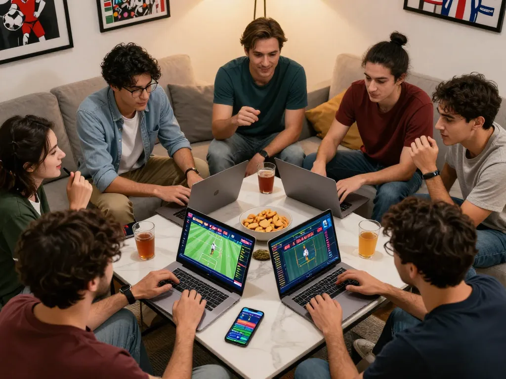 Friends engaging in sports betting at home using luck8 app during a game night