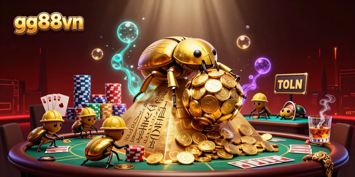 Engage with gg88vn at this exciting casino scene featuring golden beetles and poker elements.