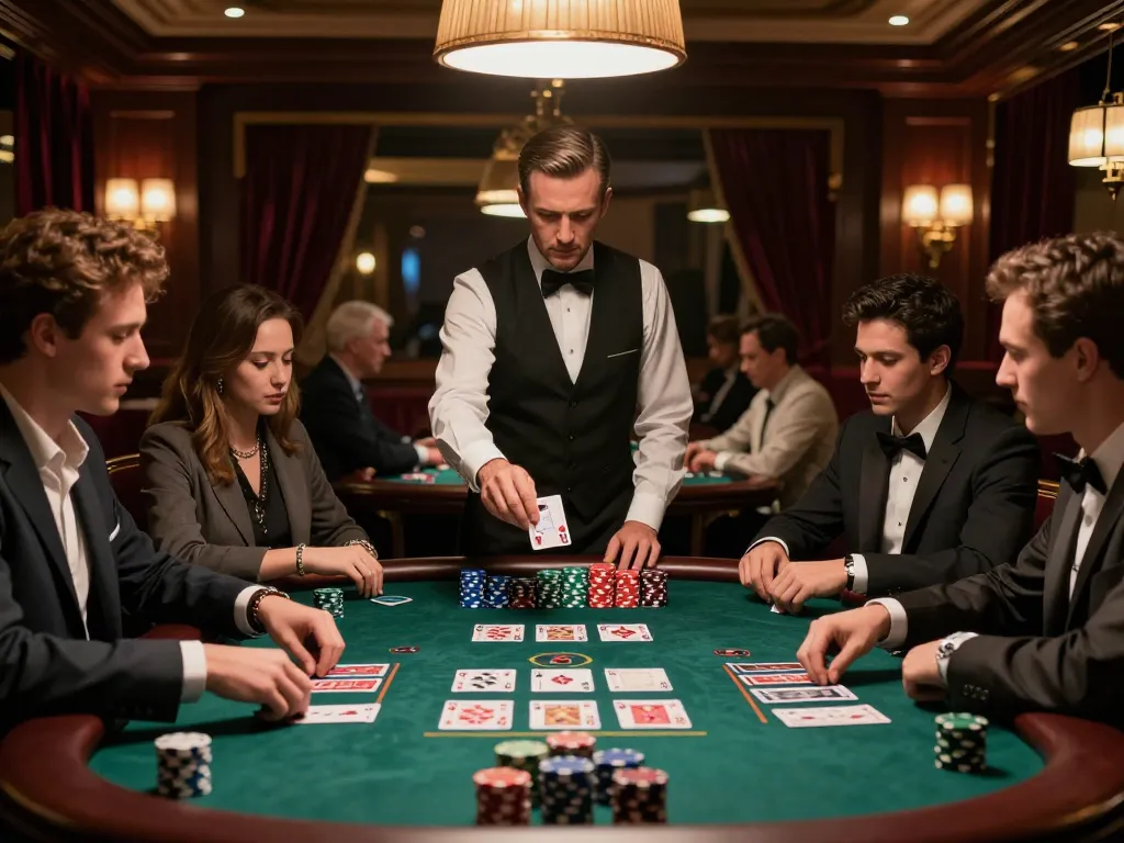 Intense scene at a 98win blackjack table, players strategizing their hands under warm casino lighting.