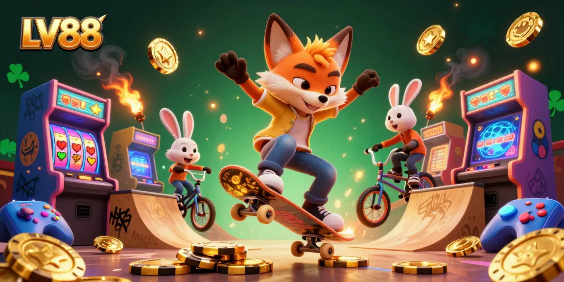 Experience LV88's thrilling casino atmosphere with a dynamic 3D illustration featuring vibrant characters and gaming elements.