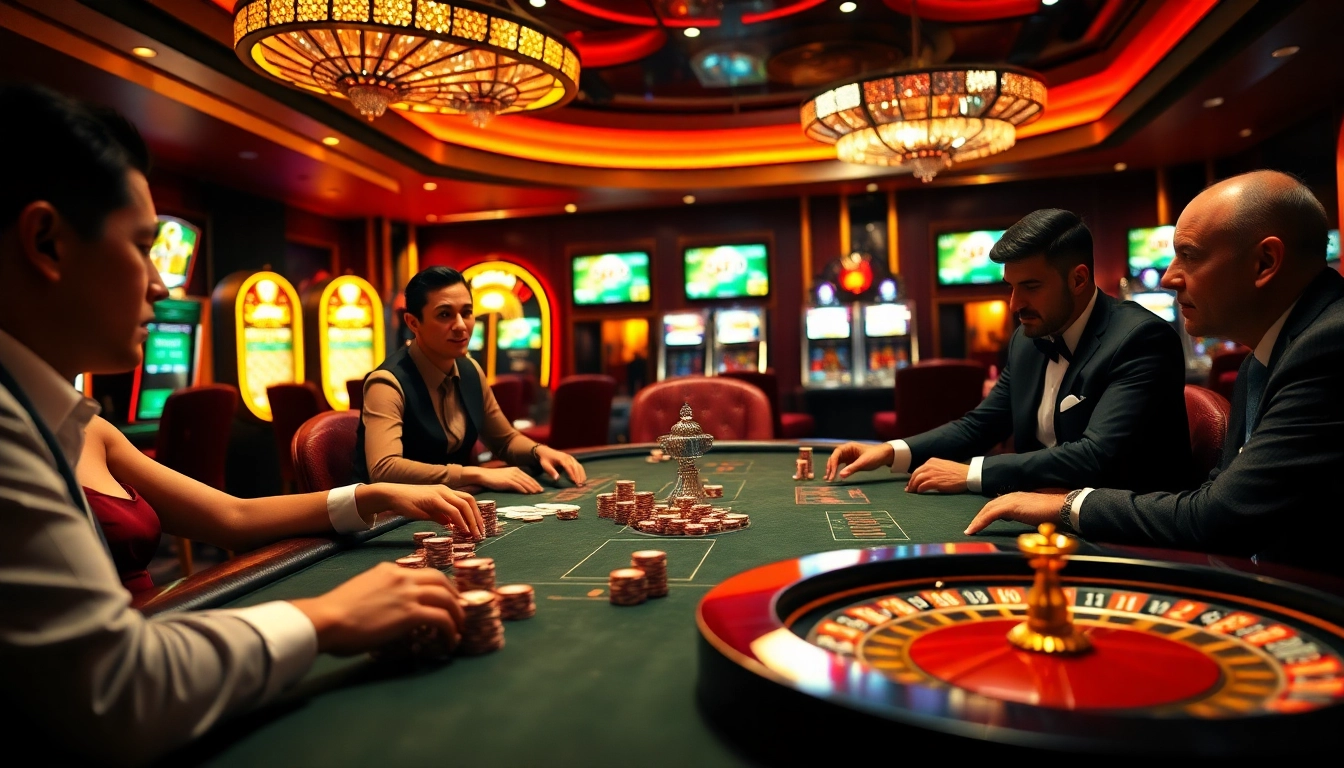 KQBD poker players strategizing around a luxurious poker table in a vibrant casino.