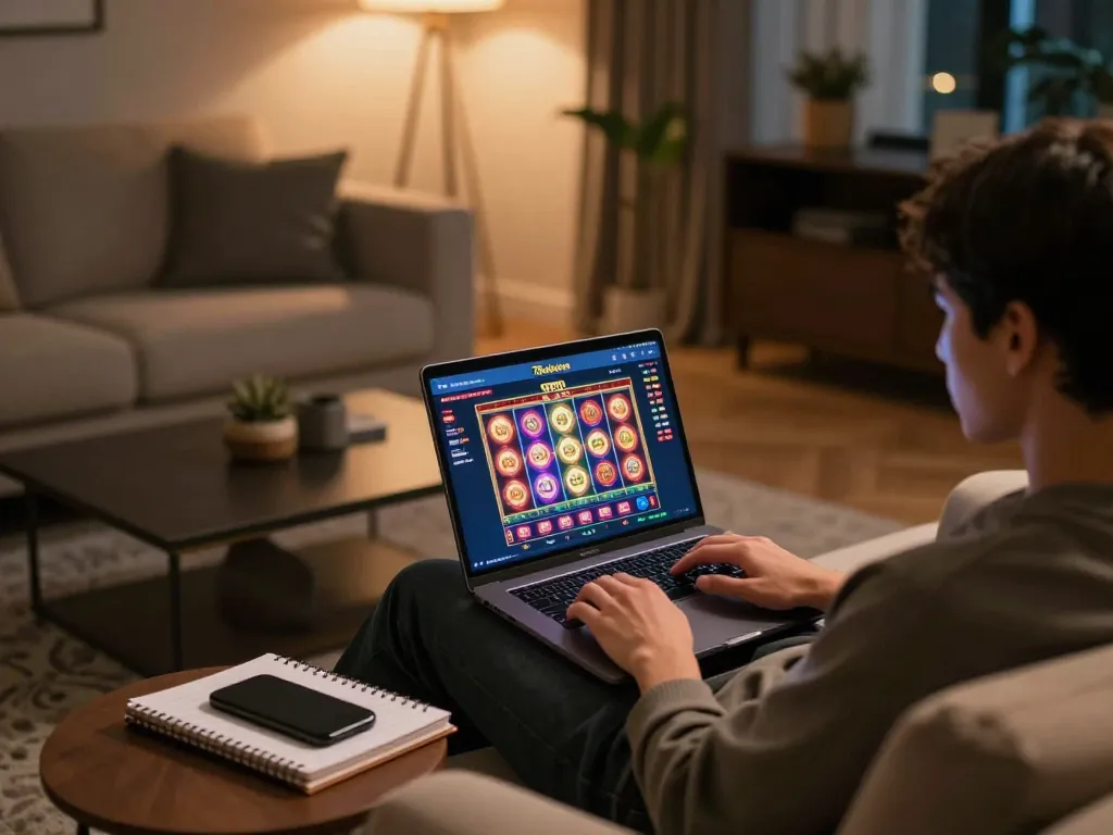 Engaged player enjoying a thrilling slot game on 78winvina from the comfort of home