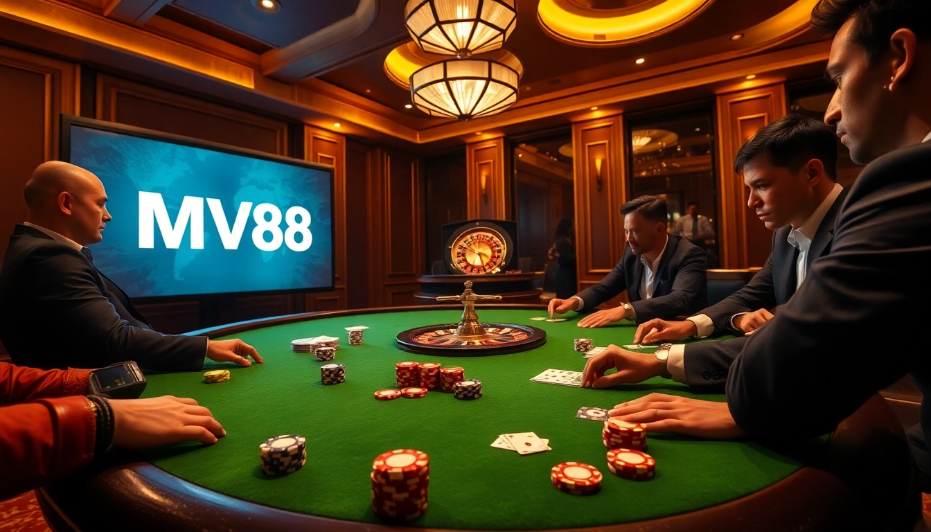 Players engaging in an exciting high-stakes poker game at a luxurious MV88 casino table.