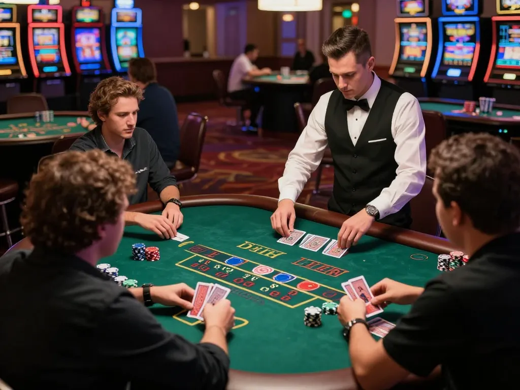 Players at a blackjack table making strategic bets at hit club casino, dynamic gaming atmosphere