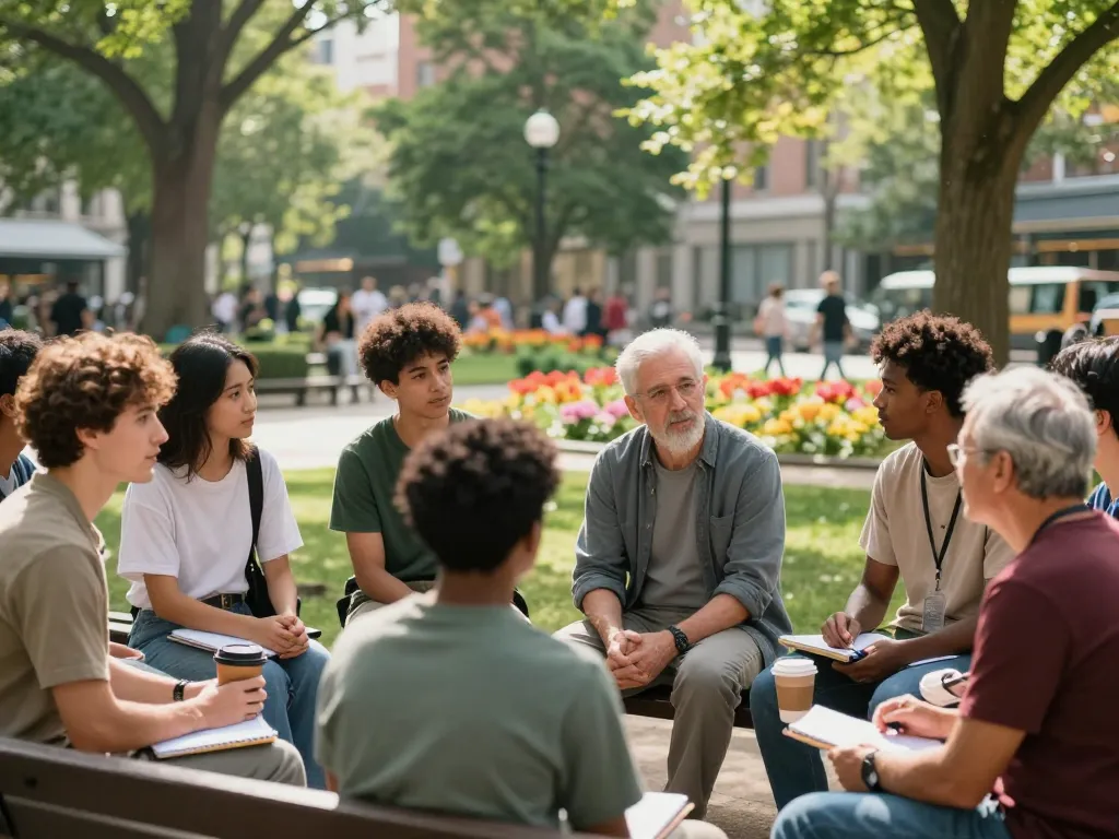 Men gathered in a park discussing mental health at ManClub.