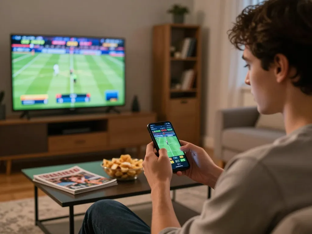 Engaging in online sports betting on a smartphone, promoting sin88 amidst a cozy home setting.
