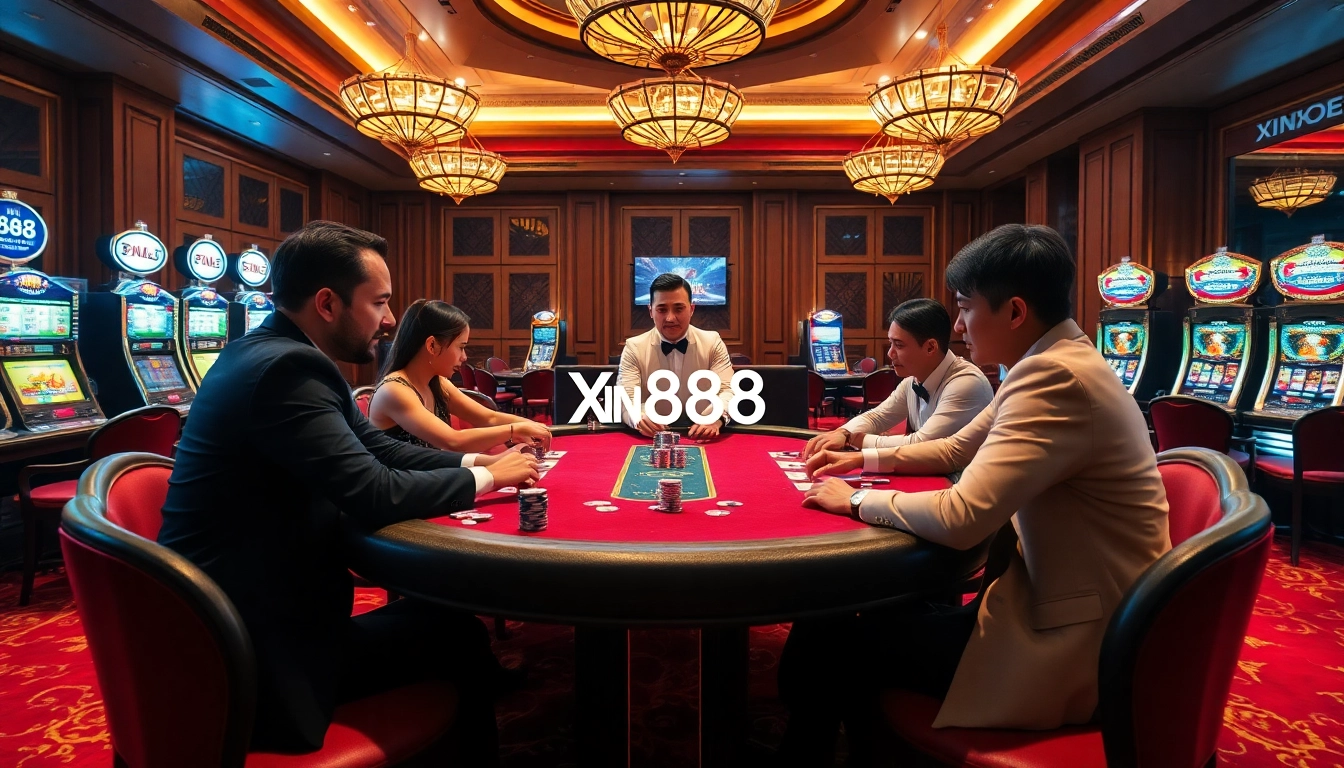 Players immerse in a thrilling Xin88 poker game at an opulent casino table.