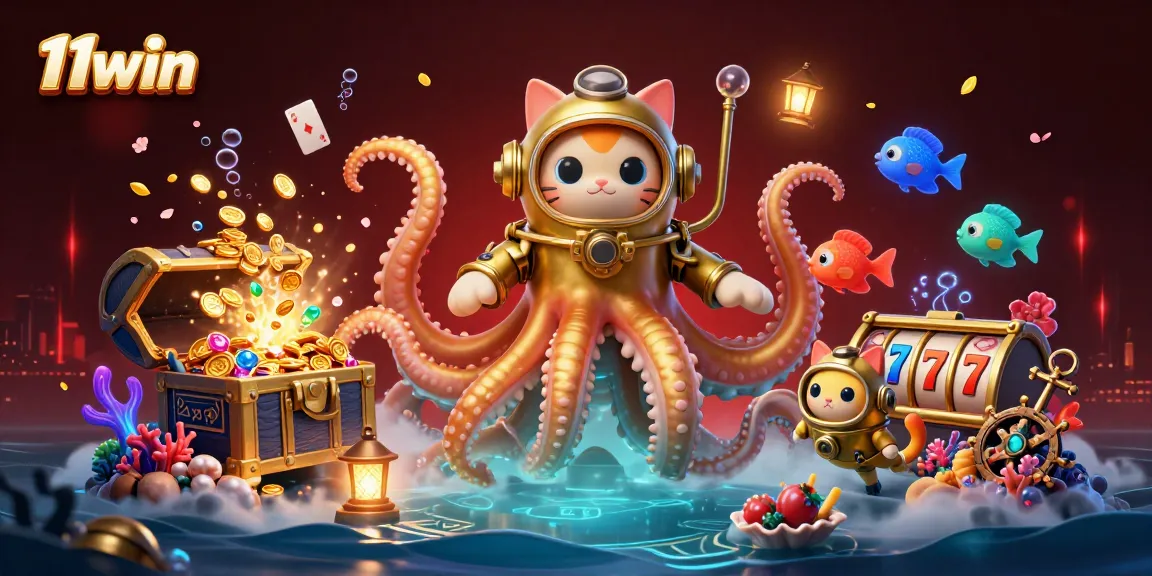 Engage with the magical world of 11win featuring a kraken, diving cat, and bioluminescent fish in a treasure-filled ocean.