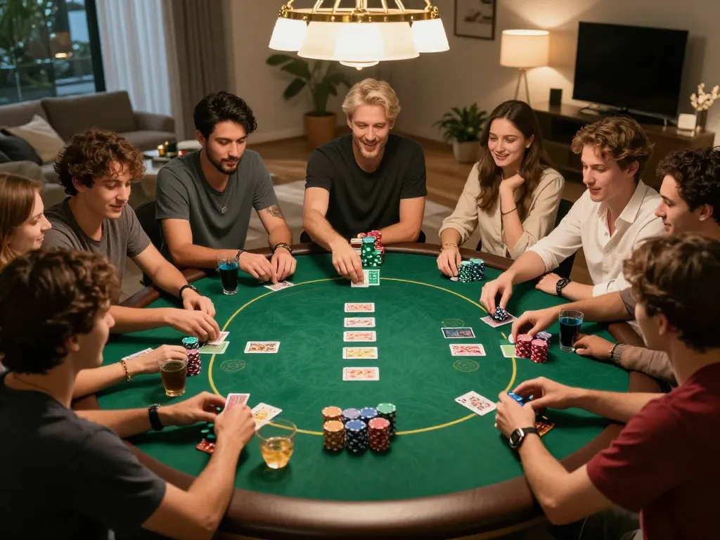 Tài xỉu md5 com poker night scene featuring friends playing cards around a table with drinks and snacks.