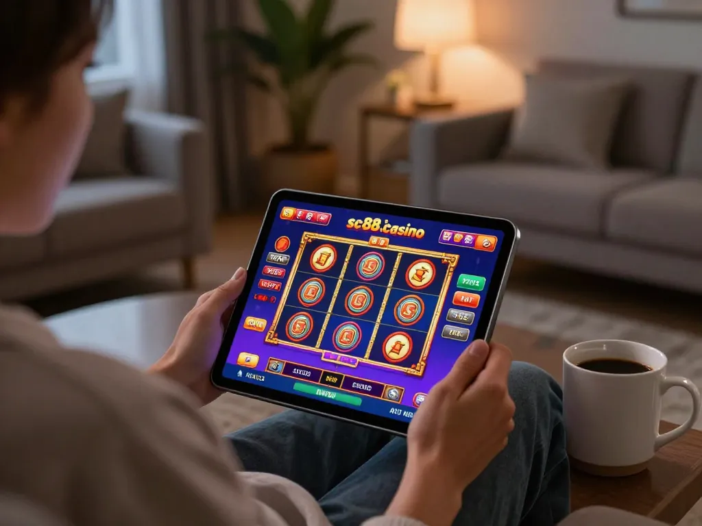 Engaging gameplay on https://sc88.casino/ with a tablet in a cozy living room setting