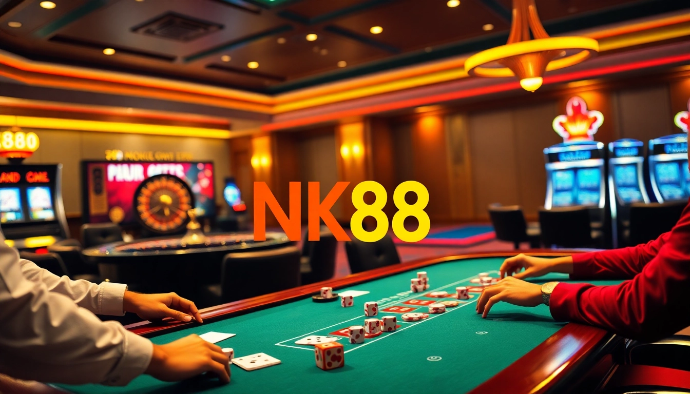 Experience thrilling gameplay at NK88 with a stunning casino atmosphere featuring vibrant tables and slot machines.